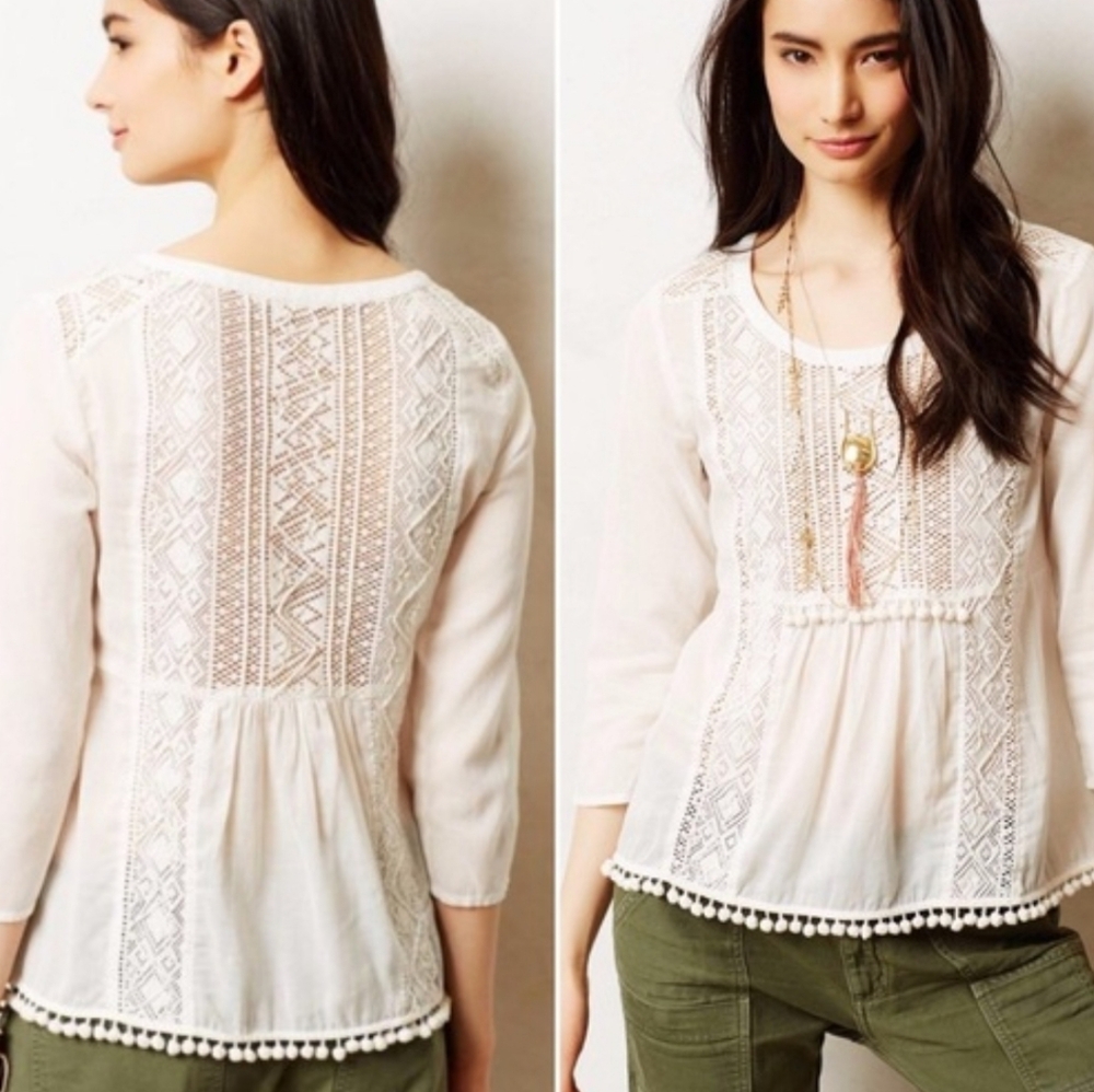 Anthro Maeve Cottonwood Beaded Peasant Blouse sz 2